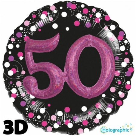 BALLON METALLIQUE EFFET 3D HOLO 81 CM 50 ANS NOIR FUSCHIA