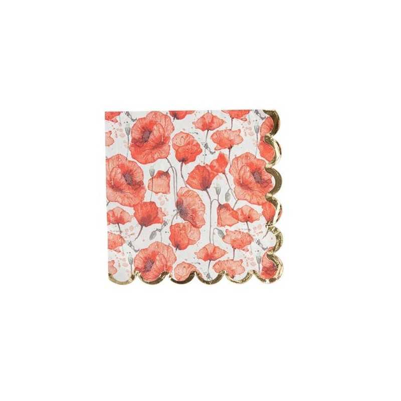 16 SERVIETTES CARREES POPPY LOVE COQUELICOT ROUGE AQUARELLE ET OR 33 X 33 CM