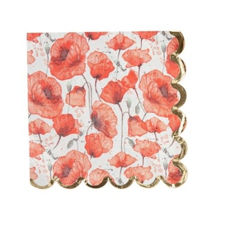 16 SERVIETTES CARREES POPPY LOVE COQUELICOT ROUGE AQUARELLE ET OR 33 X 33 CM