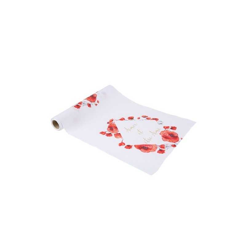 CHEMIN DE TABLE POPPY LOVE COQUELICOT ROUGE AQUARELLE ET OR 5 M X 28 CM