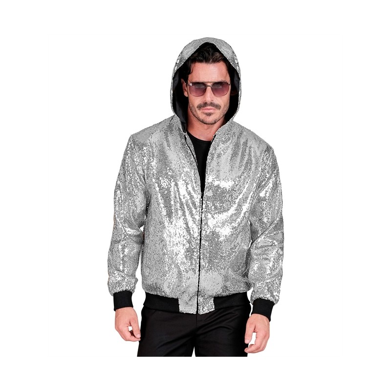 DEGUISEMENT VESTE AVEC CAPUCHE PAILLETTE ARGENT TAILLE XXL