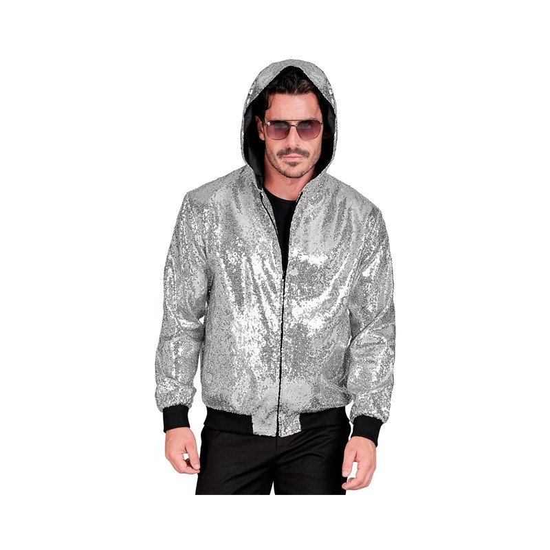 DEGUISEMENT VESTE AVEC CAPUCHE PAILLETTE ARGENT TAILLE L-XL