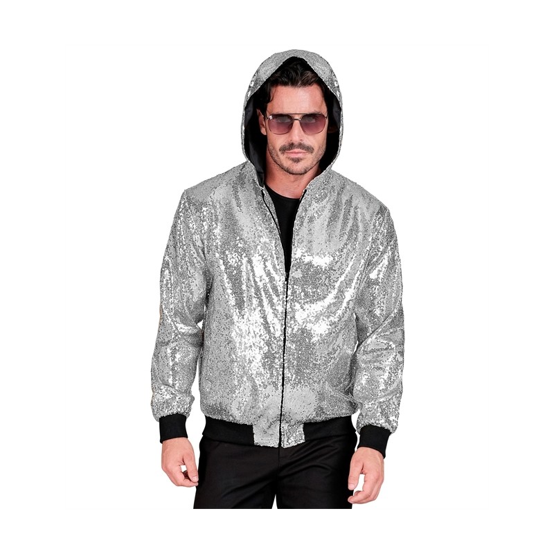 DEGUISEMENT VESTE AVEC CAPUCHE PAILLETTE ARGENT TAILLE S-M