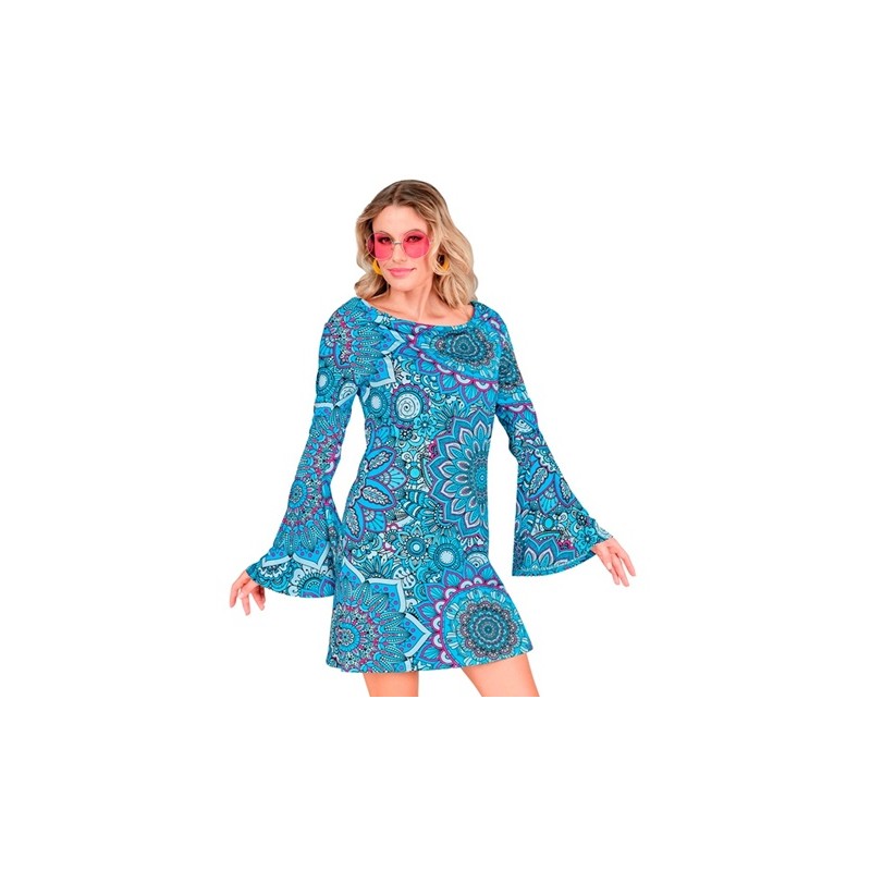 DEGUISEMENT TUNIQUE OU ROBE COURTE HIPPIE BLEUE TAILLE S 