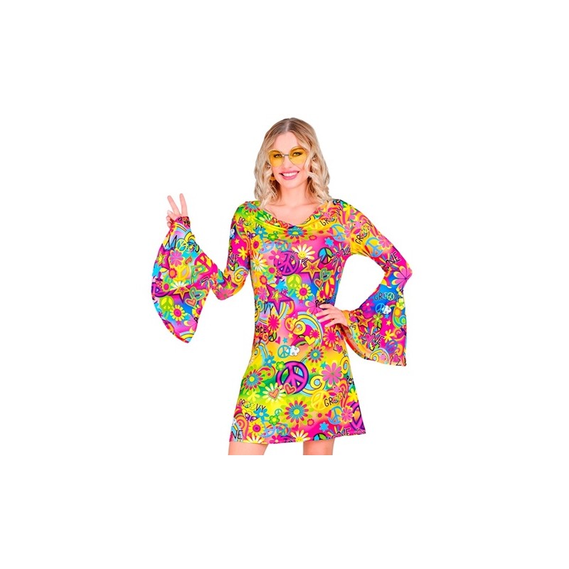 DEGUISEMENT TUNIQUE OU ROBE COURTE FEMME PEACE AND LOVE GROOVY COLOREE TAILLE S