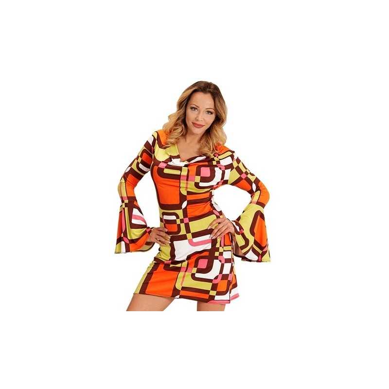 DEGUISEMENT ROBE FEMME GROOVY ANNEES 70 MARRON ORANGE VERT TAILLE XS
