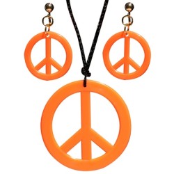 COLLIER AVEC MEDAILLON PEACE AND LOVE + BOUCLES D'OREILLES ORANGE FLUO