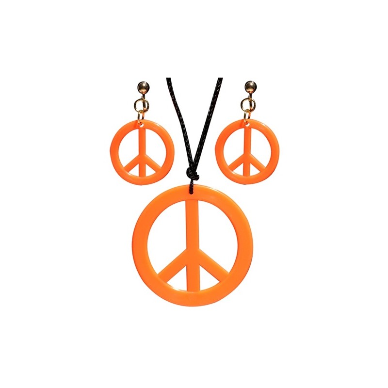 COLLIER AVEC MEDAILLON PEACE AND LOVE + BOUCLES D'OREILLES ORANGE FLUO