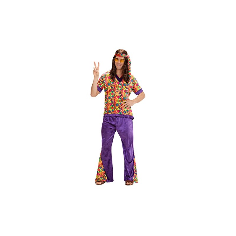 DEGUISEMENT HOMME HIPPIE FLEUR ET PEACE VIOLET ORANGE VERT TAILLE S