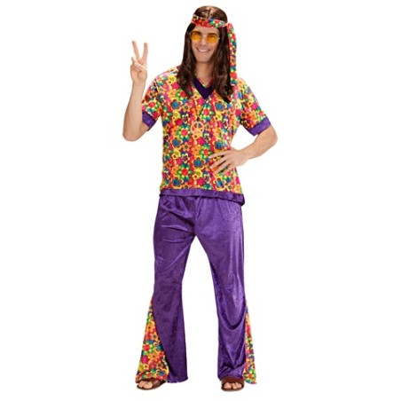 DEGUISEMENT HOMME HIPPIE FLEUR ET PEACE VIOLET ORANGE VERT TAILLE S