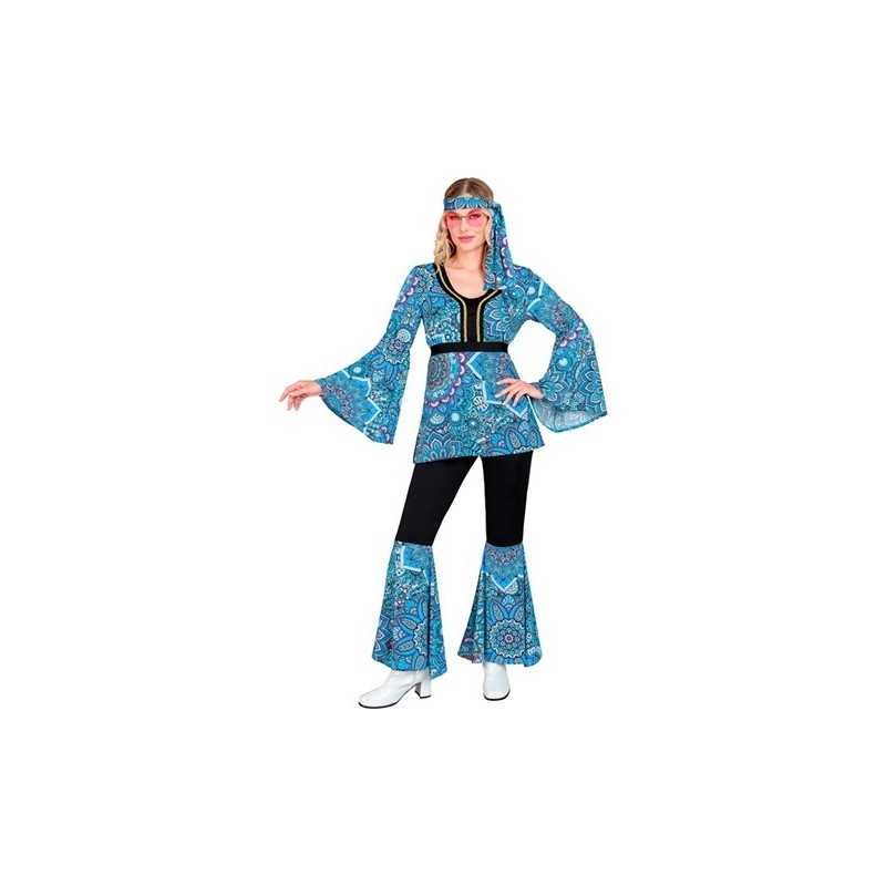 DEGUISEMENT ENSEMBLE TUNIQUE PANTALON HIPPIE BLEU AVEC BANDEAU TAILLE XS