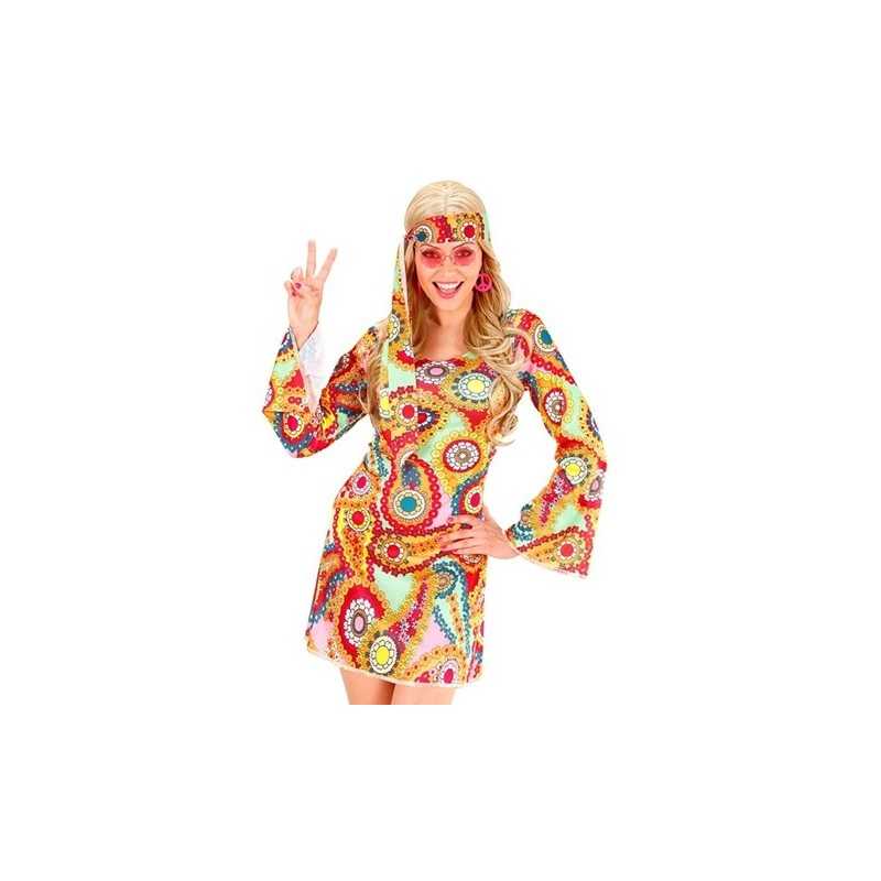 DEGUISEMENT TUNIQUE OU ROBE COURTE FEMME FLEURS COLOREES ANNEES 60-70 TAILLE L