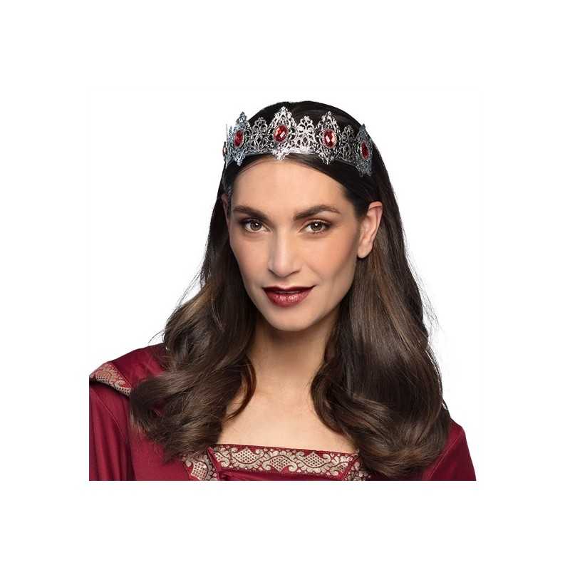 SERRE-TETE COURONNE ROYAL PRINCESSE ARGENT PIERRE ROUGE