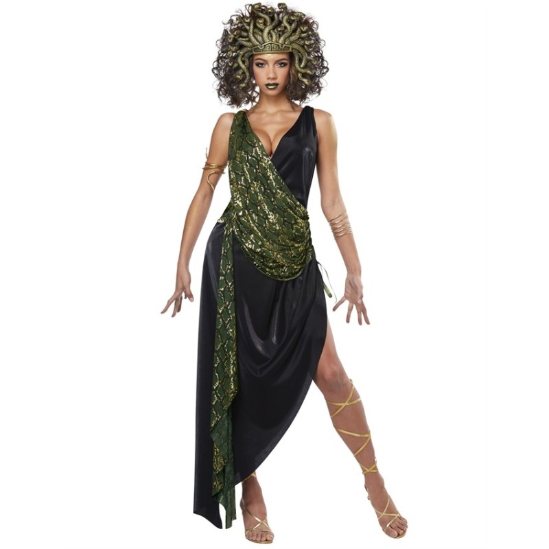 DEGUISEMENT ROBE VERTE ET NOIRE MEDUSA + COIFFE SERPENT TAILLE XL