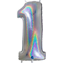 BALLON METALLIQUE CHIFFRE 1 ARGENT HOLOGRAPHIQUE 102CM 