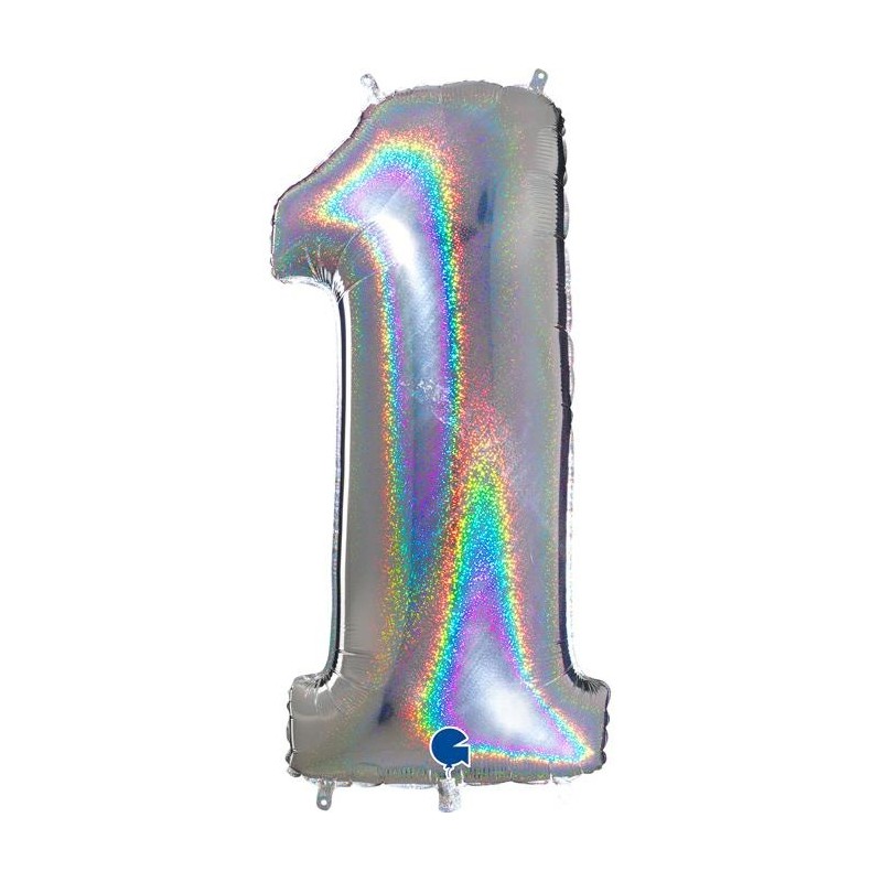 BALLON METALLIQUE CHIFFRE 1 ARGENT HOLOGRAPHIQUE 102CM 