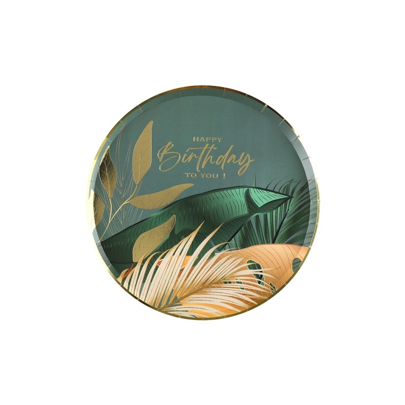 10 ASSIETTES BIRTHDAY JUNGLE VERT ET OR 23 CM