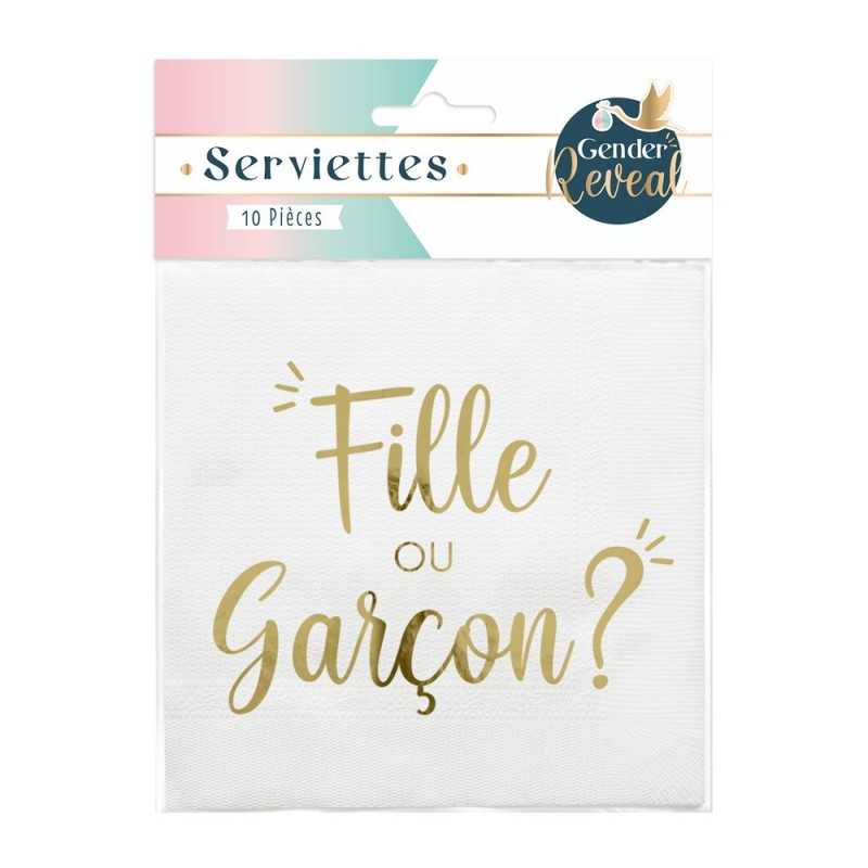 10 SERVIETTES BABY SHOWER FILLE OU GARCON BLANC ET OR 24 X 24 CM 