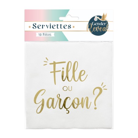 10 SERVIETTES  BABY SHOWER FILLE OU GARCON BLANC ET OR  24 X 24 CM 