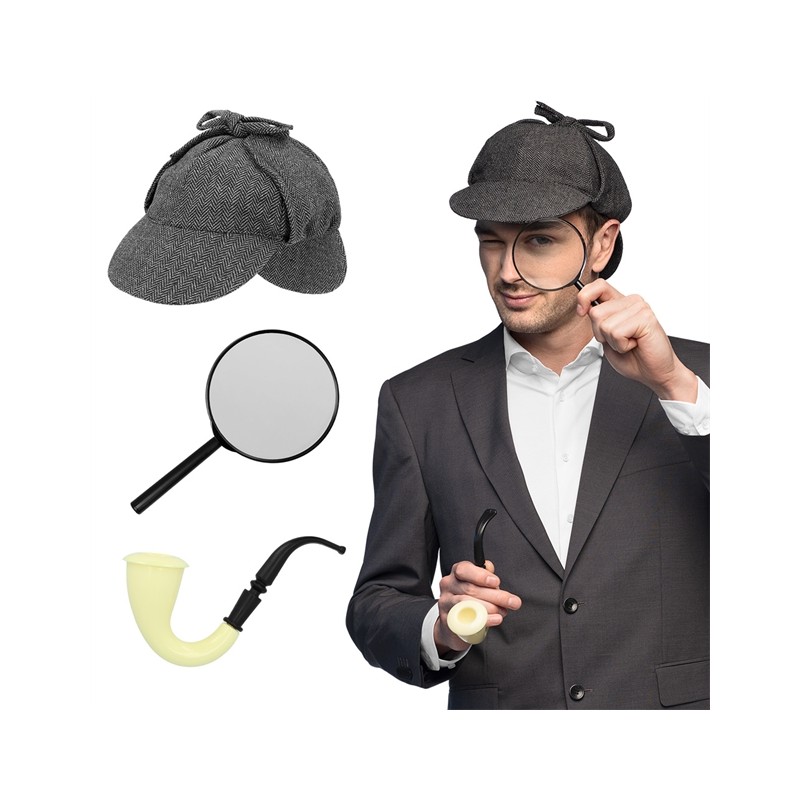 SET DE DETECTIVE SHERLOCK HOLMS ( CASQUETTE, PIPE ET LOUPE )