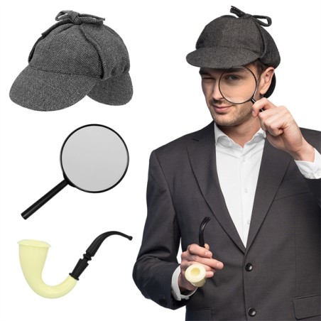 SET DE DETECTIVE SHERLOCK HOLMS ( CASQUETTE, PIPE ET LOUPE )