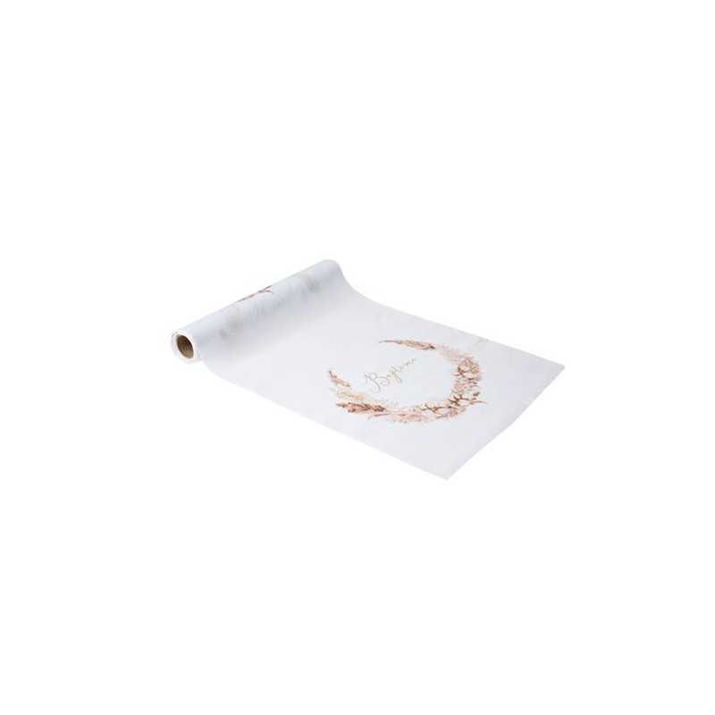 CHEMIN DE TABLE BAPTEME TISSU BLANC PAMPAS FLEURS DE COTON OR 28 CM X 5 M