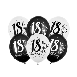 6 BALLONS BIO LATEX 18 TH BIRTHDAY COULEUR NOIR ET BLANC 30 CM 