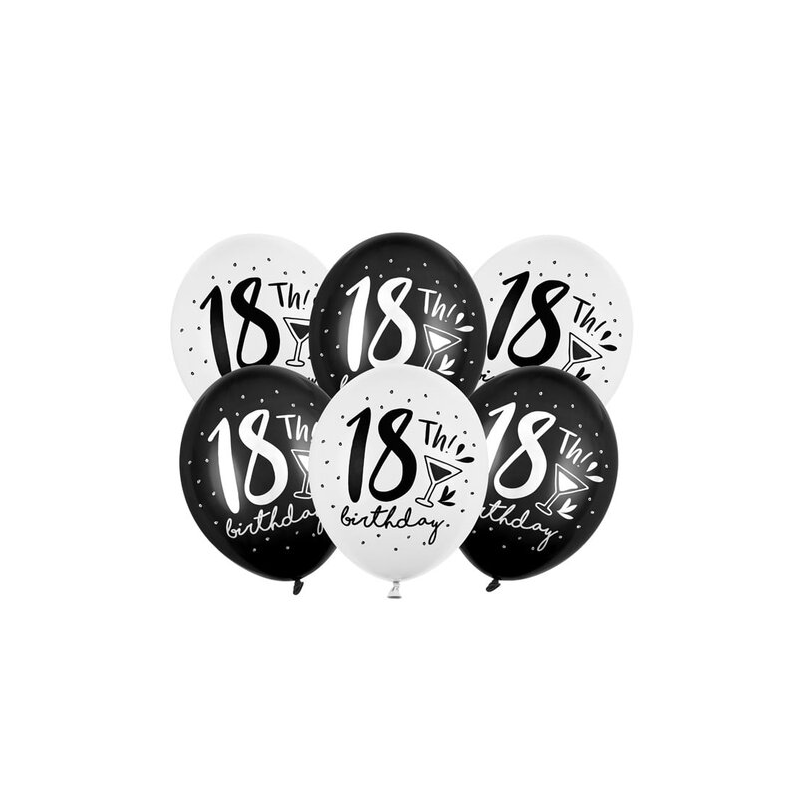 6 BALLONS BIO LATEX 18 TH BIRTHDAY COULEUR NOIR ET BLANC 30 CM 