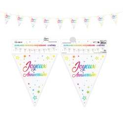 GUIRLANDE FANIONS JOYEUX ANNIVERSAIRE MULTICOLORE SUR FOND BLANC 6 METRES 