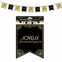 GUIRLANDE FANIONS JOYEUX ANNIVERSAIRE ART DECO NOIR ET OR 6 METRES 