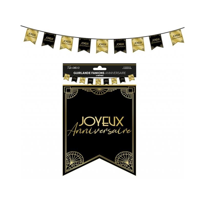 GUIRLANDE FANIONS JOYEUX ANNIVERSAIRE ART DECO NOIR ET OR 6 METRES 