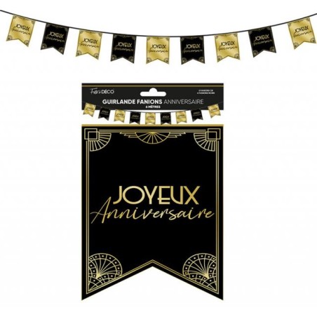 GUIRLANDE FANIONS JOYEUX ANNIVERSAIRE ART DECO NOIR ET OR 6 METRES 