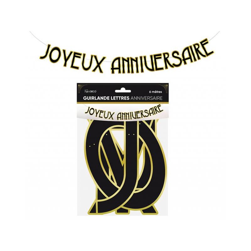 GUIRLANDE LETTRES JOYEUX ANNIVERSAIRE ART DECO NOIR ET OR 6 METRES 