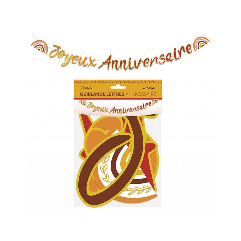 GUIRLANDE LETTRES JOYEUX ANNIVERSAIRE BOHEME AMBRE CUIVRE MARRON 6 METRES 