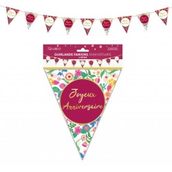 GUIRLANDE FANIONS JOYEUX ANNIVERSAIRE ROSE FRAMBOISE DECOR FLORAL 6 METRES 