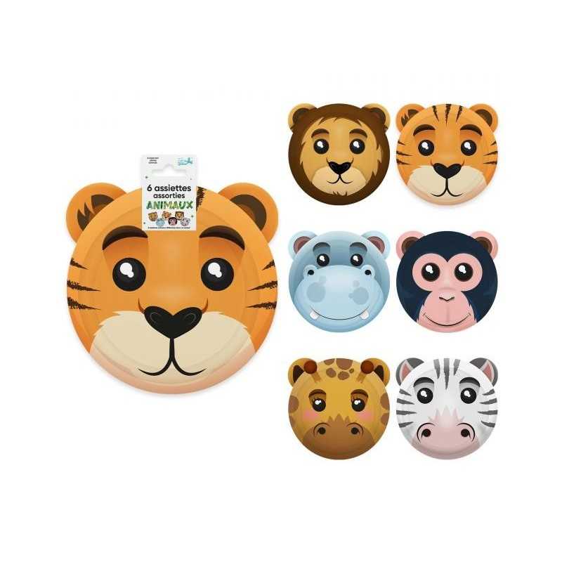 6 ASSIETTES RONDES TETE ANIMAUX DE LA JUNGLE 20 CM 