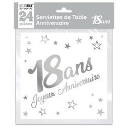 SACHET 24 SERVIETTES 18 ANS BLANC ET ARGENT METALLISE  33 X 33 CM 