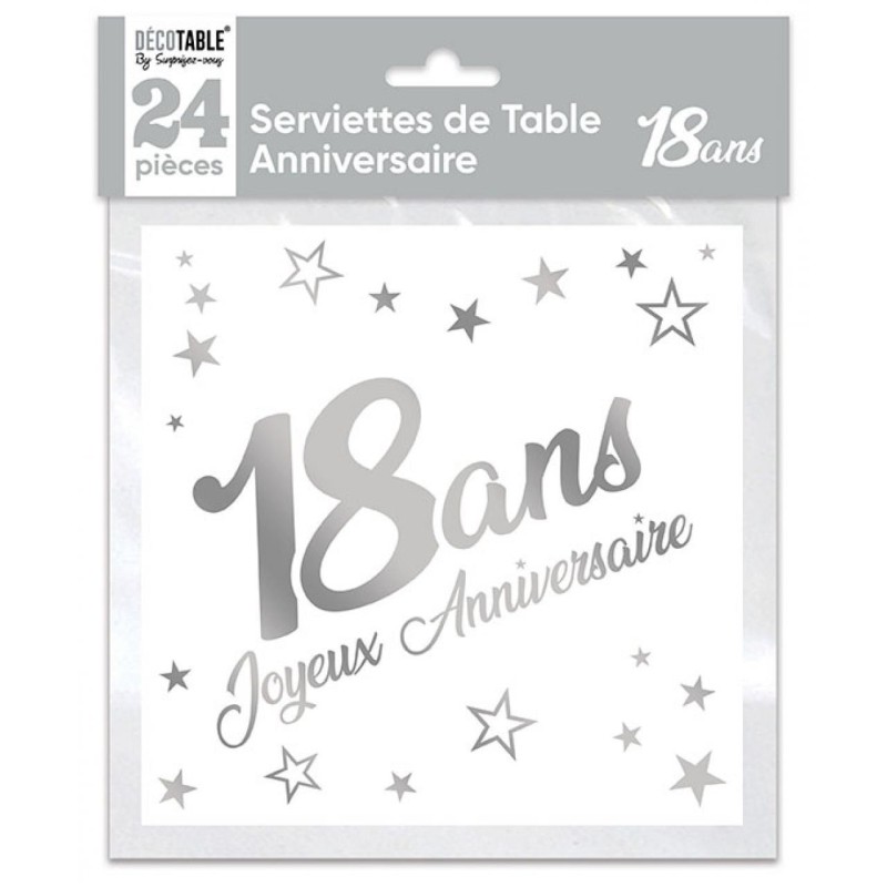 SACHET 24 SERVIETTES 18 ANS BLANC ET ARGENT METALLISE  33 X 33 CM  SACHET 24 SERVIETTES 18 ANS BLANC ET ARGENT METALLISE  33 X 33 CM