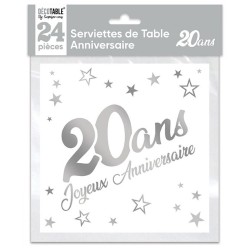 SACHET 24 SERVIETTES 20 ANS BLANC ET ARGENT METALLISE  33 X 33 CM 