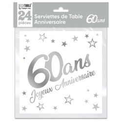 SACHET 24 SERVIETTES 60 ANS BLANC ET ARGENT METALLISE  33 X 33 CM 