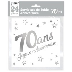 SACHET 24 SERVIETTES 70 ANS BLANC ET ARGENT METALLISE  33 X 33 CM 