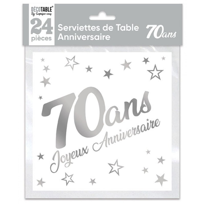 SACHET 24 SERVIETTES 70 ANS BLANC ET ARGENT METALLISE  33 X 33 CM  SACHET 24 SERVIETTES 70 ANS BLANC ET ARGENT METALLISE  33 X 33 CM