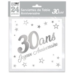 SACHET 24 SERVIETTES 30 ANS BLANC ET ARGENT METALLISE  33 X 33 CM 