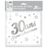 SACHET 24 SERVIETTES 30 ANS BLANC ET ARGENT METALLISE 33 X 33 CM 