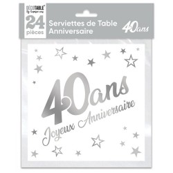 SACHET 24 SERVIETTES 40 ANS BLANC ET ARGENT METALLISE  33 X 33 CM 