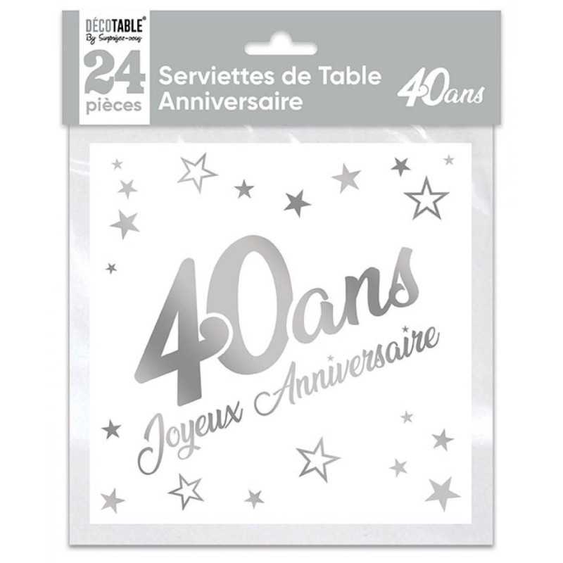 SACHET 24 SERVIETTES 40 ANS BLANC ET ARGENT METALLISE 33 X 33 CM 