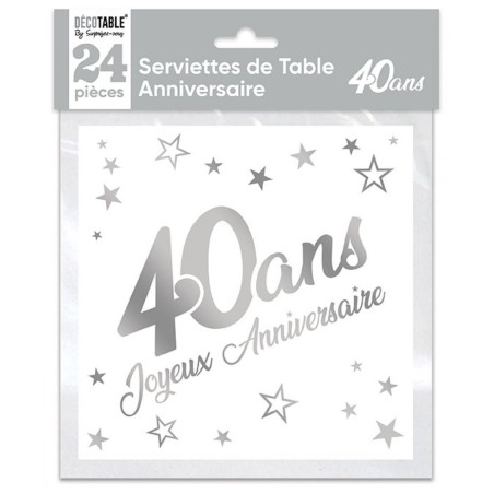 SACHET 24 SERVIETTES 40 ANS BLANC ET ARGENT METALLISE  33 X 33 CM 