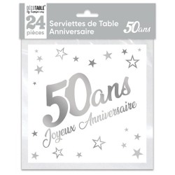 SACHET 24 SERVIETTES 50 ANS BLANC ET ARGENT METALLISE  33 X 33 CM 