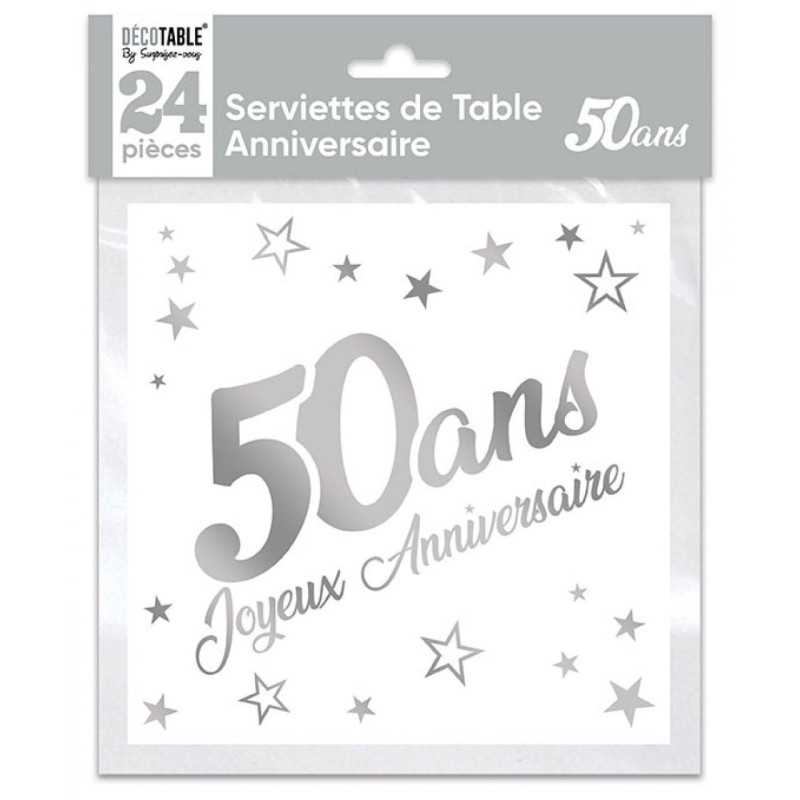 SACHET 24 SERVIETTES 50 ANS BLANC ET ARGENT METALLISE 33 X 33 CM 