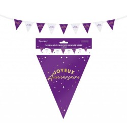 GUIRLANDE FANIONS JOYEUX ANNIVERSAIRE VIOLET ET BLANC 6 METRES